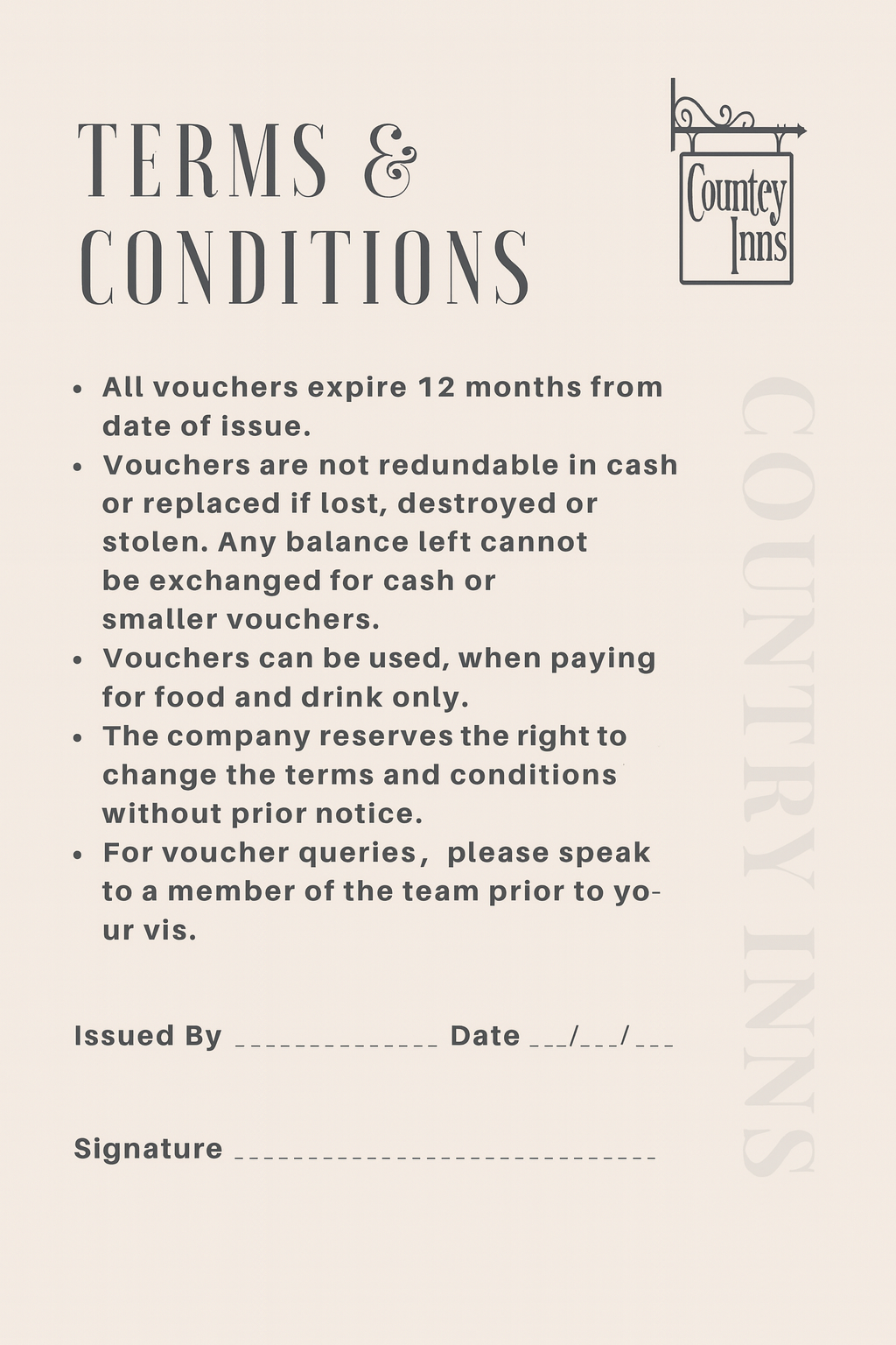 Voucher Terms and Conditions valid across all Country Inns pubs